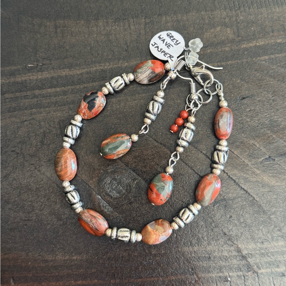 Grey Wave Jasper Red and Silver Bracelet and matching Earrings